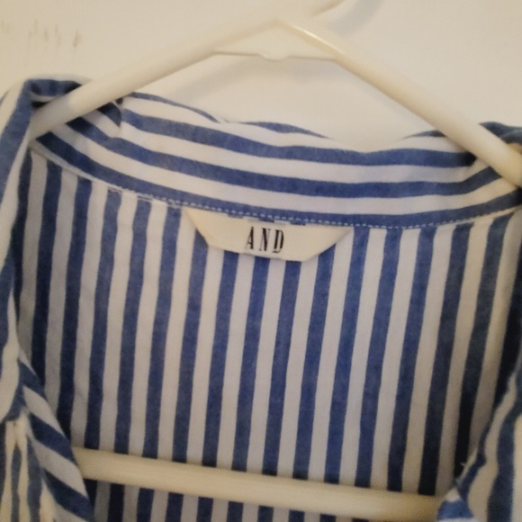 AND Small Striped Cotton WrapTop ShortSleeve TieWaist Blouse Collar Asymmetrical - Picture 4 of 5